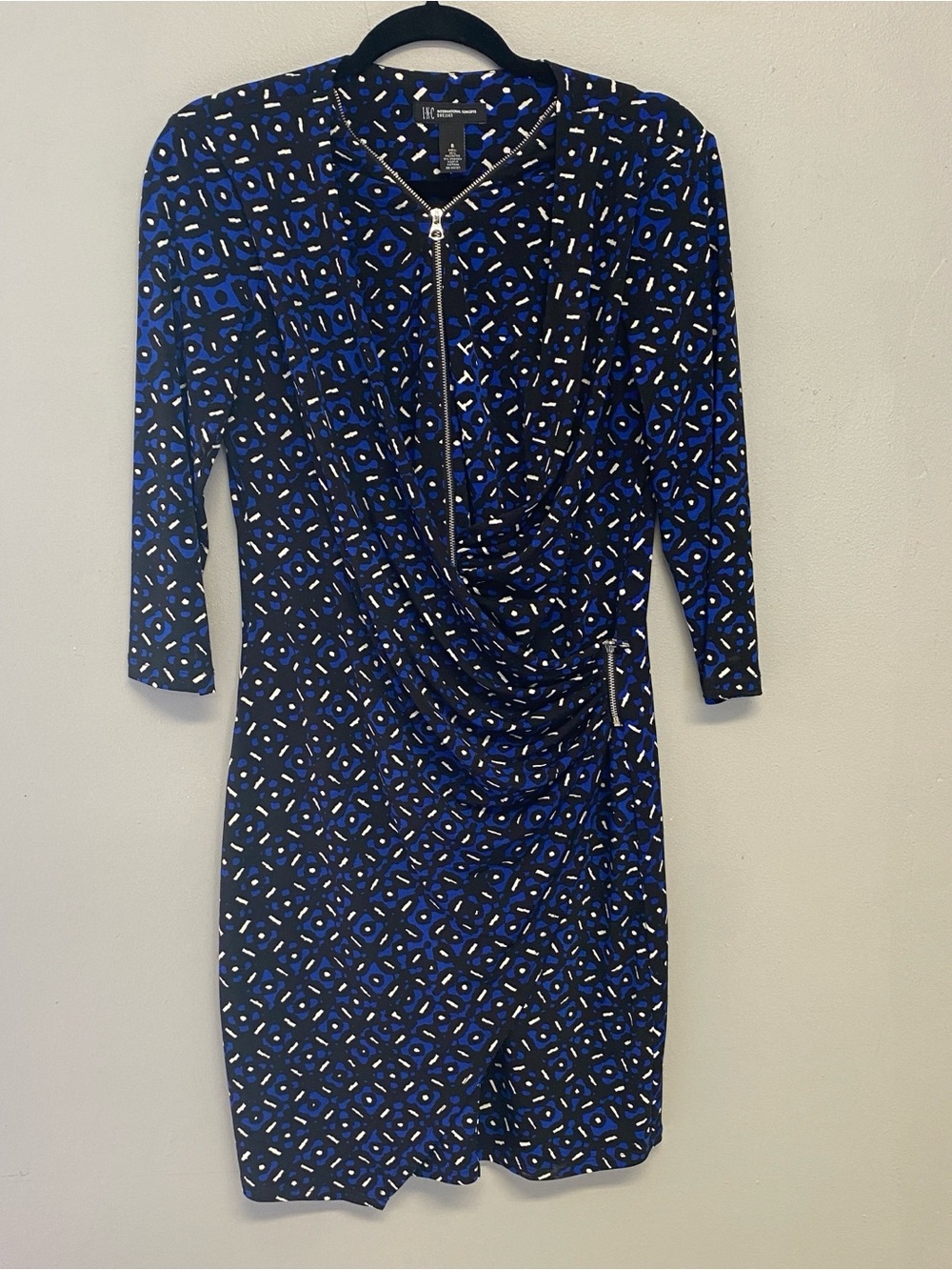 INC International Concepts Blue and Black Geometric Zip-Front Long Sleeve Dress